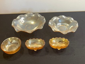 Amber Iridescent Jeannette Depression Glass Misc Serving Pieces - Leaf & Floral Engraving, Footed & Clear