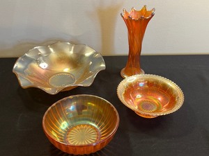 Orange Carnival Glass 3-Piece Set Tall Vase, Ruffled Bowl (Iridescent Iris), Bowl & Compote