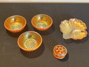 Amber Carnival Glass - Leaf 3 Section Dish & 3 Sunburst Bowls & Flower Frog