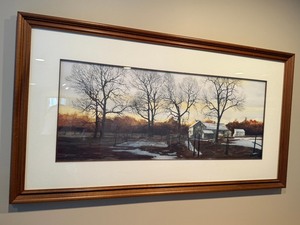 Framed Landscape Painting - Winter Scene With Bare Trees & Stone House, 48x24 in