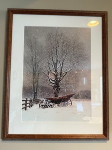 Winter Landscape Print - Snowy Tree & Wagon, Framed in Wood Frame