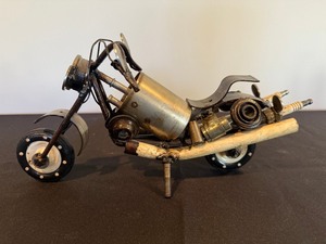 Scrap Metal Motorcycle Sculpture - Handmade Industrial Art on Wood Base