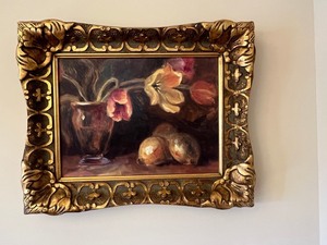 Shari White CAS Hand-Crafted Still Life Oil Painting in Gilt Frame - Flowers, Glass & Fruit