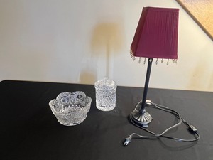 Crystal Glass Bowl, Lidded Crystal Jar & Pink Shade Table Lamp