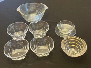 Clear Glass Bowls Set with Leaf-Pattern Plate & Large Ribbed Mixing Bowl