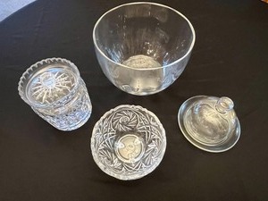 HEAVY Crystal Glass 3-Piece Lidded Dish Set with Leaf Motifs and Starburst Pattern