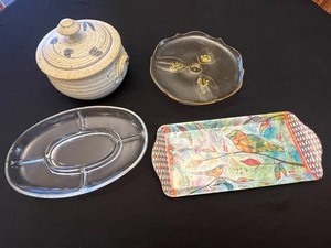 Oval Divided Glass Serving Dish - Speckled Lidded Jar - Painted Tray - Glass Covered Dish