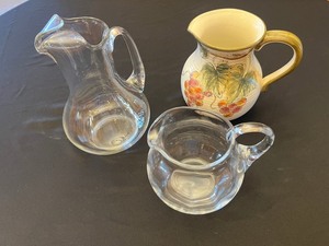 Chardonnay Ceramic Pitcher Made in China with Grapevine Motif & 2 Glass Pitchers (Lot of 3)