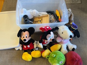 Two Kubota L5030 Toy Tractors with Disney Plush Toys & Wooden Blocks in Sterilite Tote