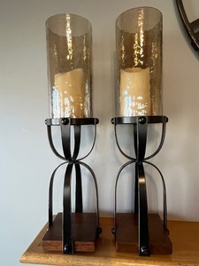 Pair of Hurricane Candle Holders - Glass Cylinders on Black Iron Stands