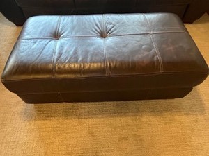 Brown Leather Ottoman - Patchwork Top, 46W x 23D x 16H, Wood Block Legs