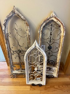 Decorative Arched Window Panels - Iron Scrollwork, Distressed Whitewash (Lot of 3) w Stands