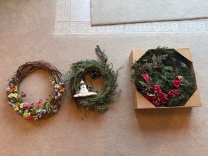 Wreaths (Lot of 3) - Boxed Evergreen, Snowman Wreath, Floral Grapevine Ring