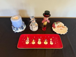 Christmas Decor Lot - Snowman Candle, Glitter Snowman, Snowman Jar, Santa Plate, Tray