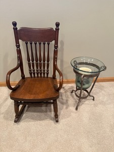 Antique Windsor Arm Chair & Glass Hurricane Candle Holder on Iron Stand