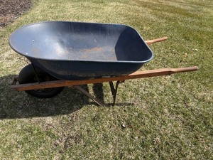 Wheelbarrow with Blue Metal Tub & Wooden Handles - Single Wheel
