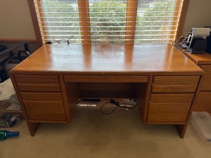 HON Oak Wood Office Desk - 6-Drawer Double Pedestal with Center Kneehole