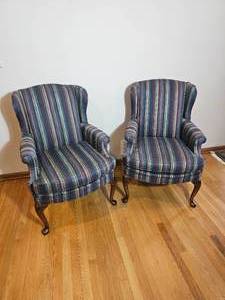 Short Back Queen Anne Wingback Chair Pairing with Stripped Upholstery