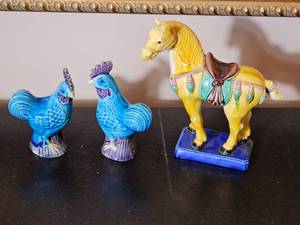 Blue Turquoise Aubergine Roosters & Tang Horse Figure
