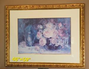Impressionist White Rose Still Life in Guilt Regency Frame