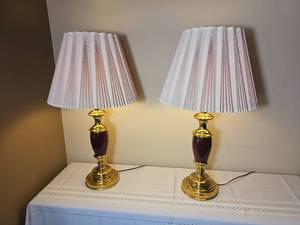 Polished Brass Stiffel Candlestick Table Lamp with Burgundy Off Tone.