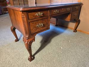 Traditional Carved Wood Executive Desk with Glass Top