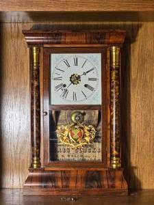 Antique E N Welch Shelf Clock with Reverse Painted Glass
