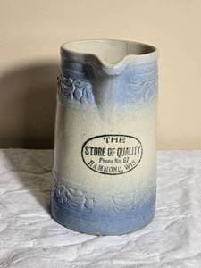 Brilliant Antique Stoneware Pitcher - Store of Quality  Hammond, Wis.