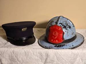 Antique Fireman Helmet with Siren Horn and Cap Group