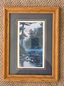 Framed Wildlife Print of Loons on Water Signed and Dated 1988