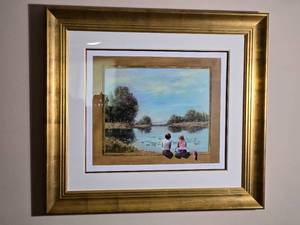 Signed Framed Print of Children by Lakeside Scene - A. Selving