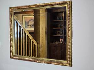 Large Decorative Gold Tone Framed Wall Mirror with Rope Detail