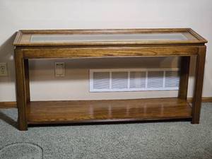 Oak Console Sofa Table with Glass Insert Top and Lower Shelf