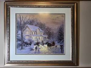 Framed Winter Homestead Print Horse Sleigh Scene Signed and Numbered