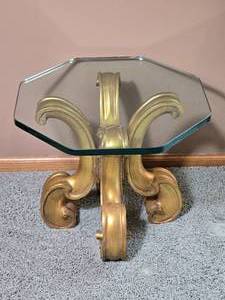 Gilt Scroll Base Accent Table with Beveled Glass Top - B