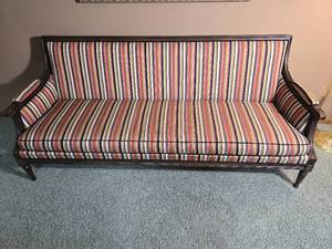 Antique Striped Upholstered Sofa with Carved Wood Frame