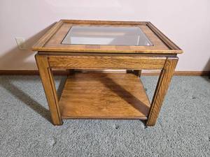 Oak Side Table with Glass Insert Top and Lower Shelf