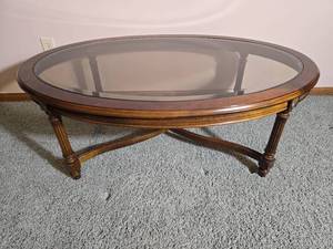 Oval Coffee Table with Glass Insert Top and Cross Stretcher Base