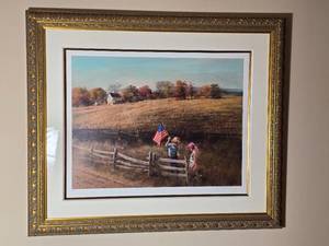 Framed American Countryside Print Children with Flag Signed - A. Selving