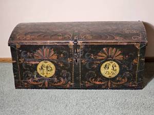 Antique 19th c. Scandinavian Folk Art Dome Top Wood Trunk