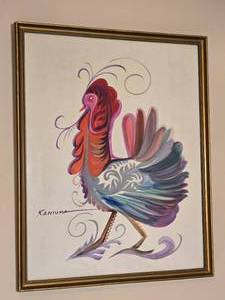Framed Decorative Rooster Artwork Signed Kaniuk
