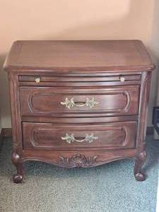 French Provincial Style Two Drawer Bedside Table with Carved Detail