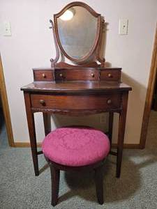 Vanity Desk with Mirror and Matching Upholstered Stool
