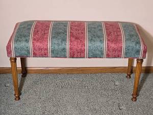Upholstered Bench with Fluted Legs and Striped Fabric