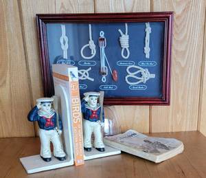 Nautical Dcor  Iron Sailor Bookends  Framed Knot Samples