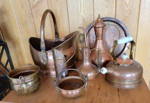 Charming Collection of Copperware  Kettles  Scuttles  Vessels