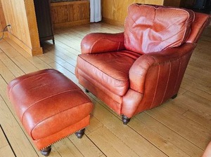 Stunning King Hickory Burnt Orange Leather Tack Armchair with Ottoman, B