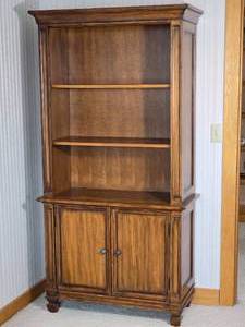 Two Piece Wooden Bookcase Cabinet with Open Shelving and Storage Base