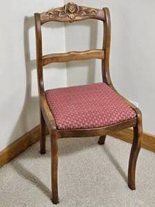 Vintage Carved Wood Side Chair with Upholstered Seat