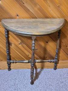 Vintage Demi Lune Console Table with Turned Legs and Stretcher Base